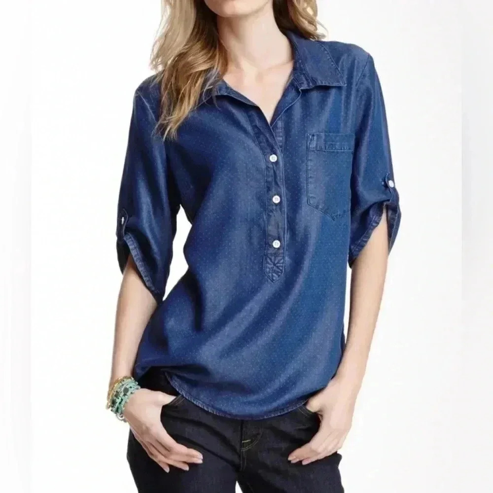 Lucky Brand Charleigh Polka Dot Denim Chambray Shirt SZ M